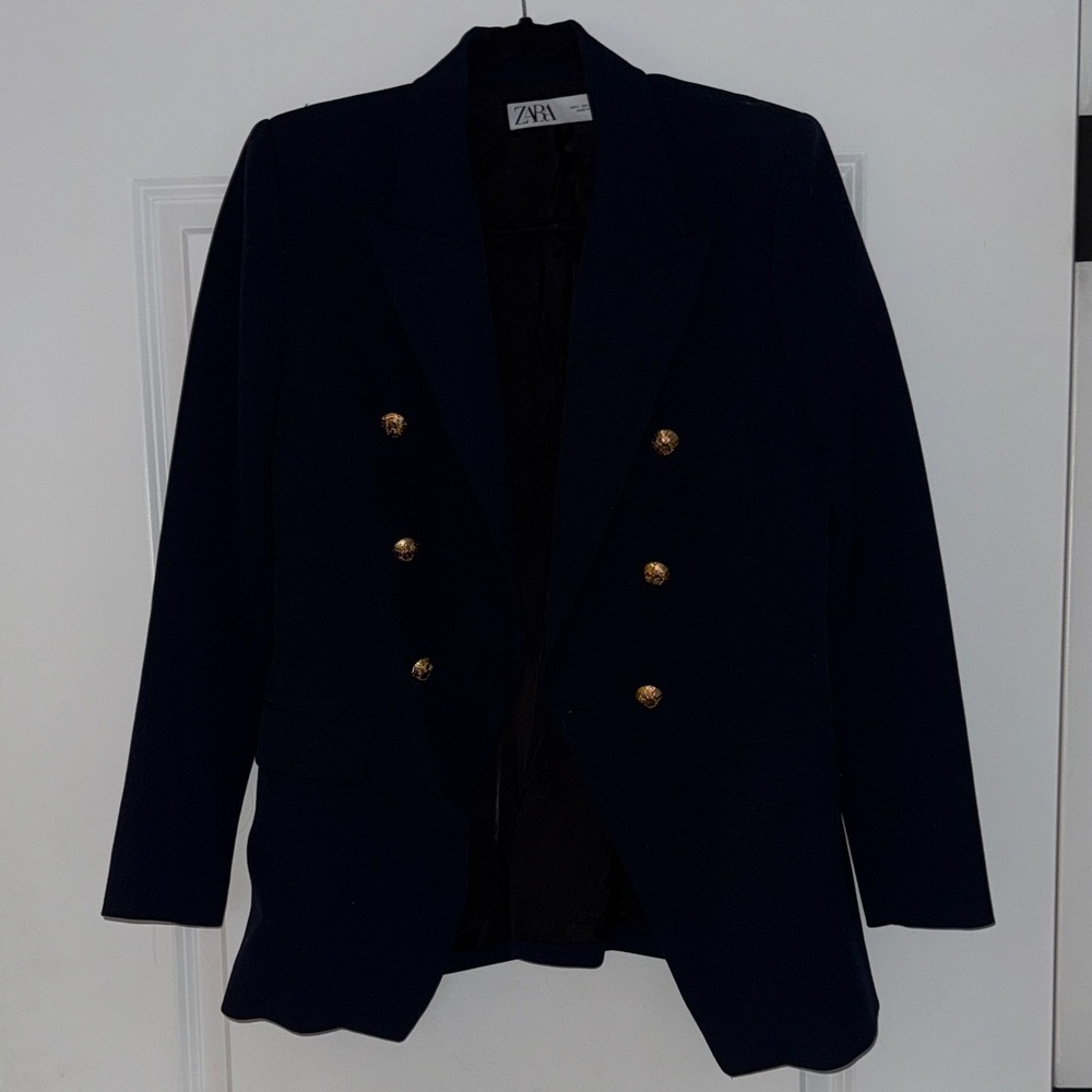 Zara Women's Dark Blue Blazer with Gold Buttons